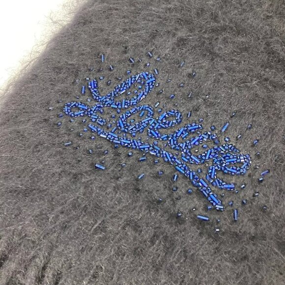 LOEWE Beaded embroidery logo fringe Scarf mohair / wool Black - Picture 7 of 9